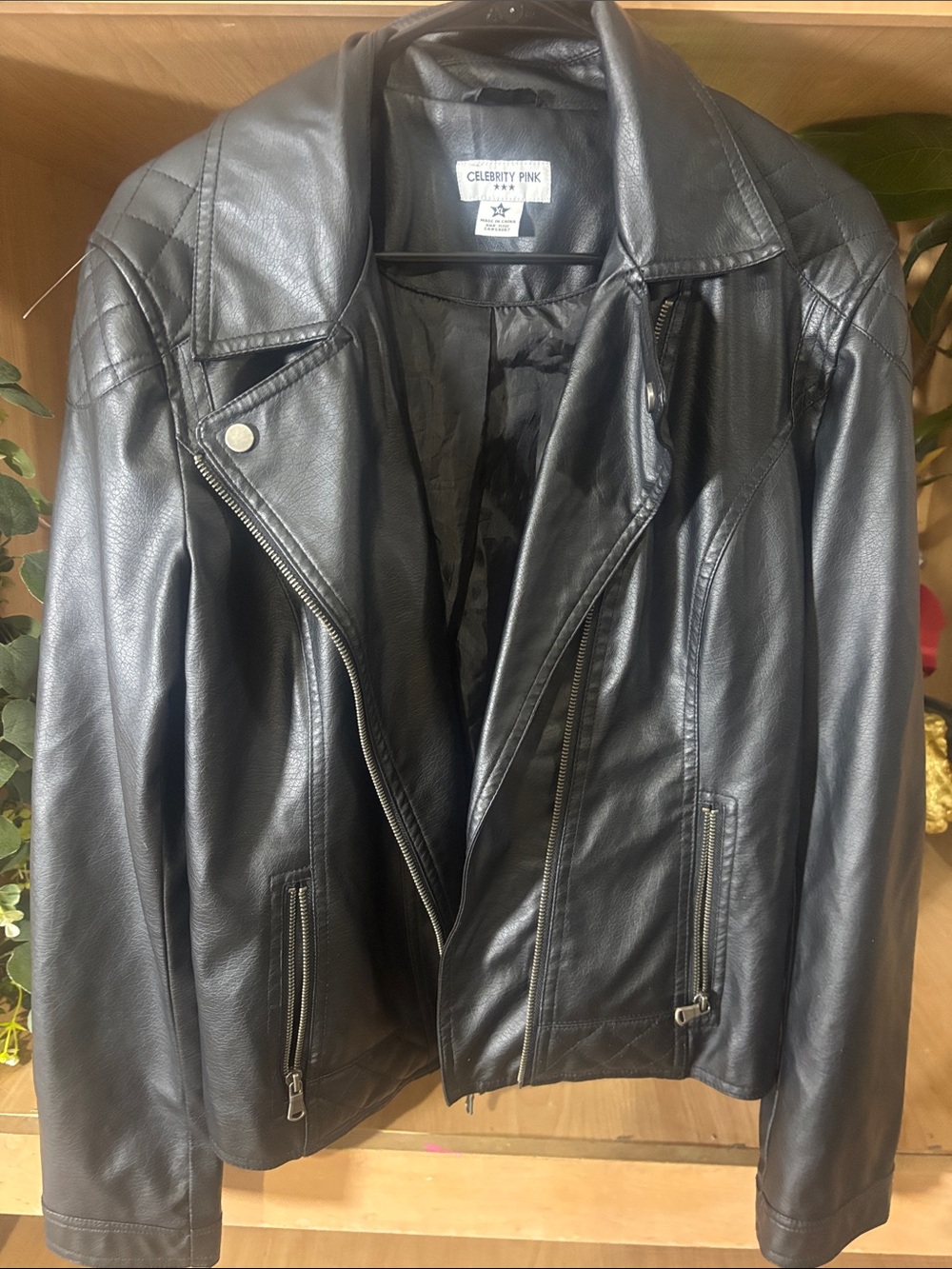 Celebrity Pink Black Faux Leather Moto Jacket Size XL